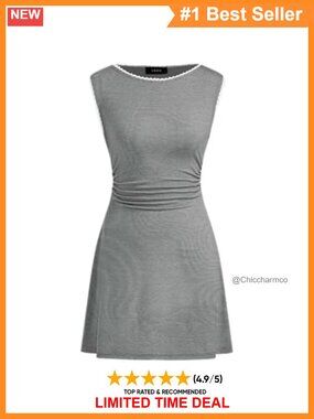 Women's Summer Mini Dress Boat Neck Sleeveless Ruched Tie Back Casual